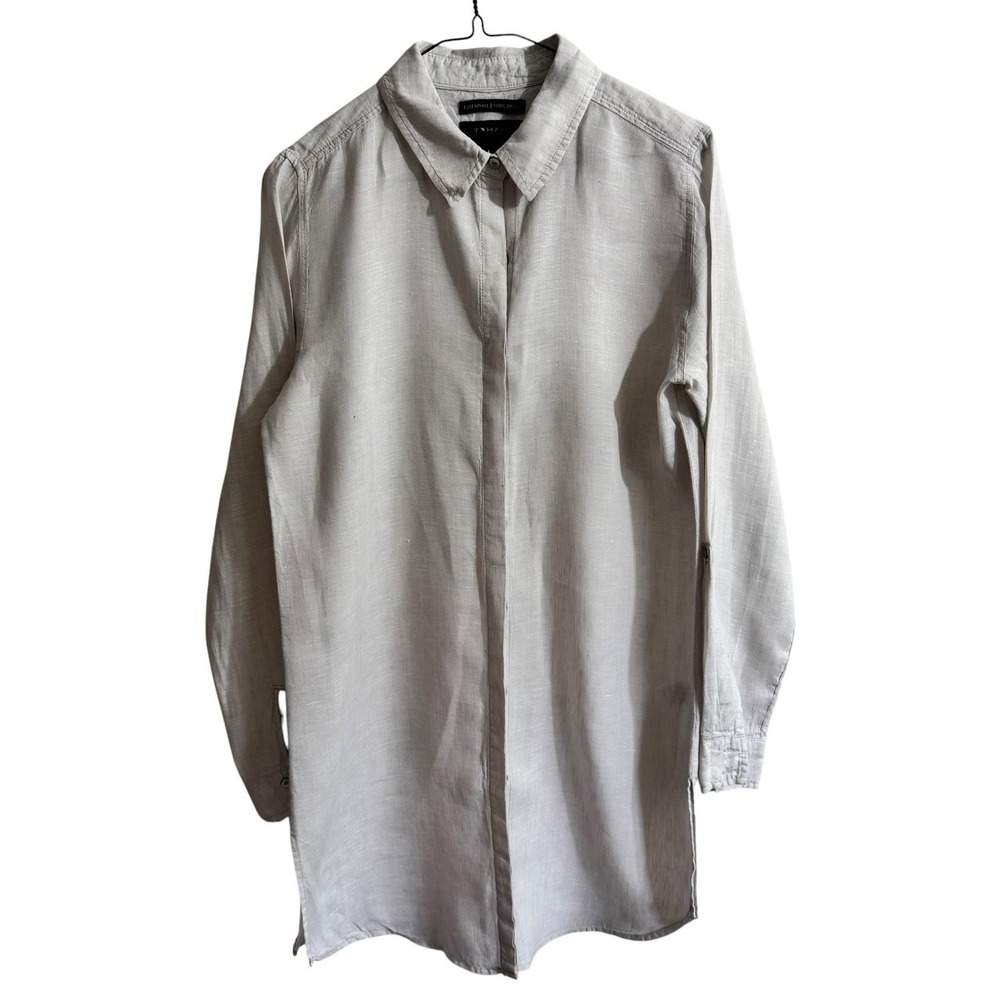 Tahari 100% Linen Top Nautical Office Women S Dark Ivory Roll Tab Long Sleeve